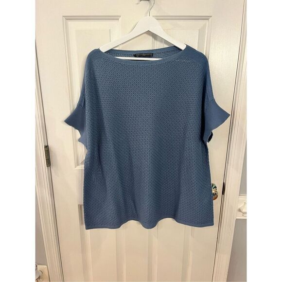 Peruvian Connection Blue Loose Knit Batwing Short Sleeve Sweater SZ M/L NWOT - Picture 1 of 6